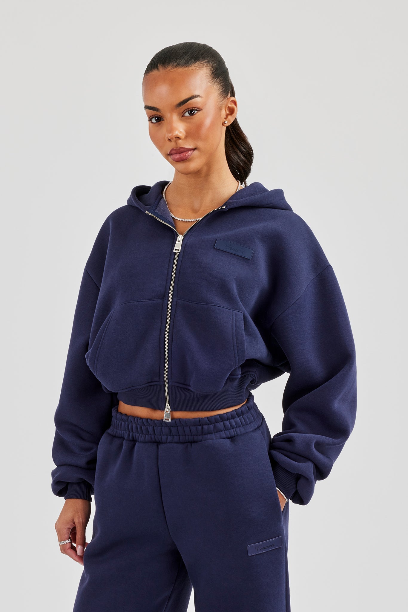 Logo Tab Boxy Zip Hoodie - Navy Blue